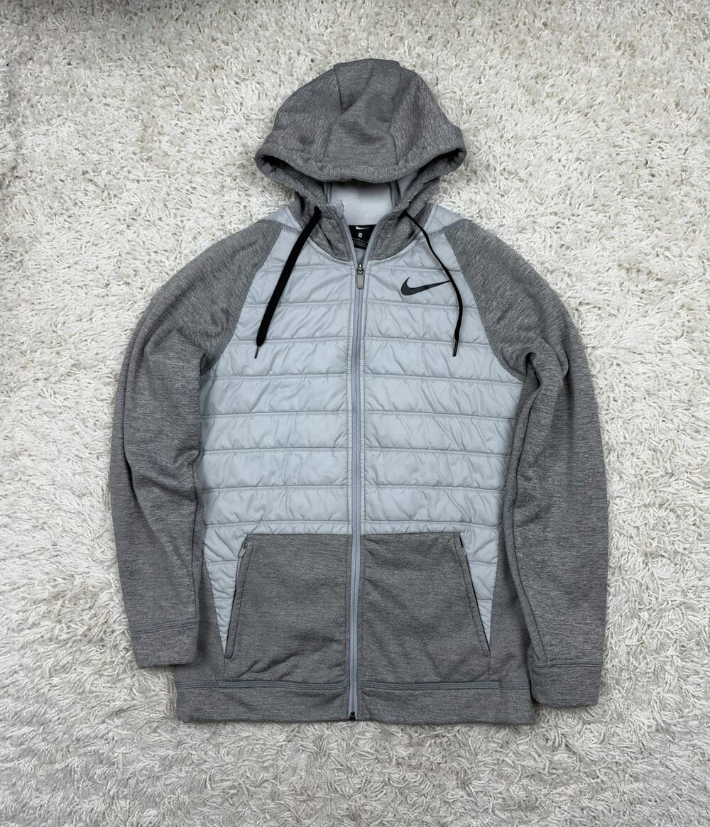 Nike Therma Winterized Full Zip Hoodie Mens M Gray Quilted Puffer Hybrid Jacket